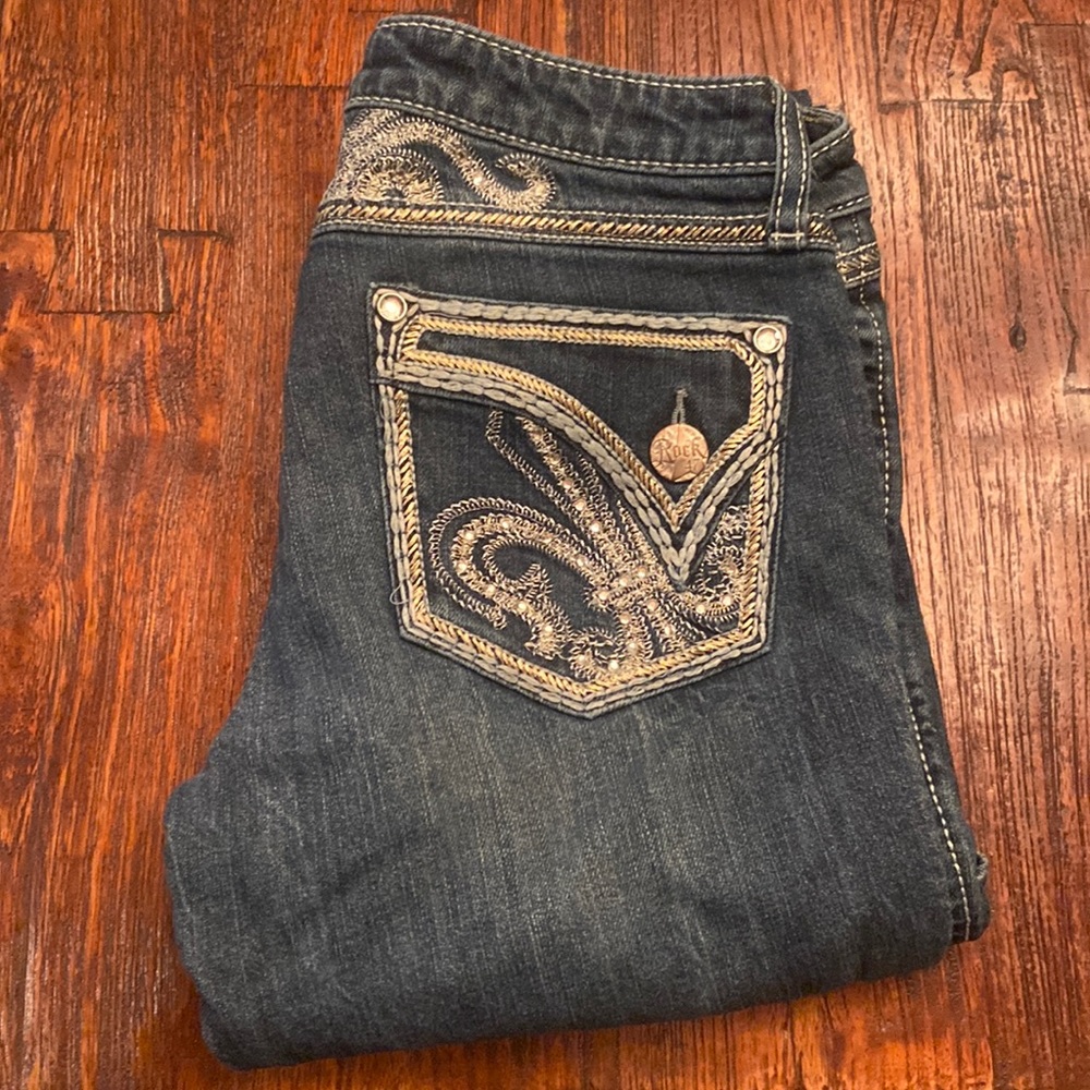 Rock 47 by Wrangler Ultra Low rise bootcut dark wash jeans size 3/4